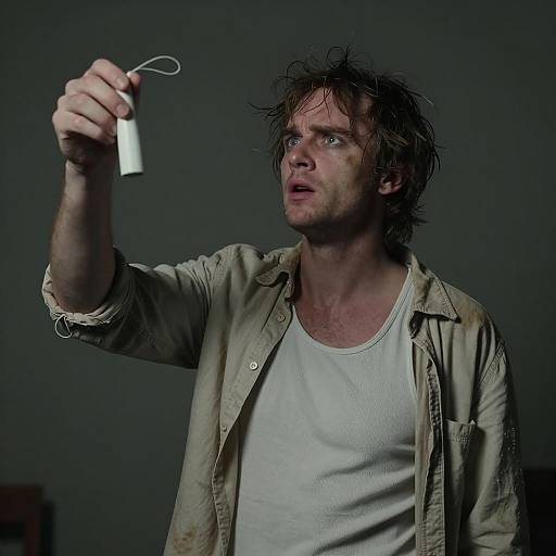 Disheveled man holding white cylindrical object