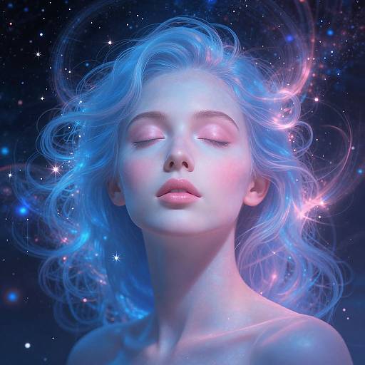 Digital art of a serene, blue-haired woman with glowing eyes, ethereal hair, and cosmic background, surrounded by starlight and nebulae.