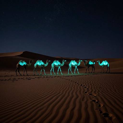 Photograph of glowing blue camels walking in a desert at night, with dark sand dunes and a starry sky in the background.