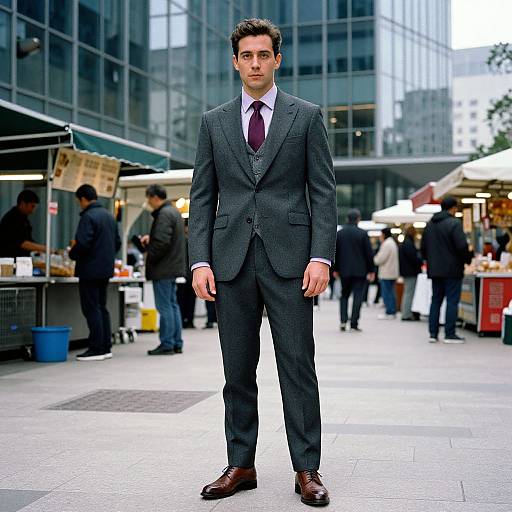 Photograph of a young man in a dark gray suit, white shirt, and purple tie standing in a busy urban street market. Modern glass buildings in