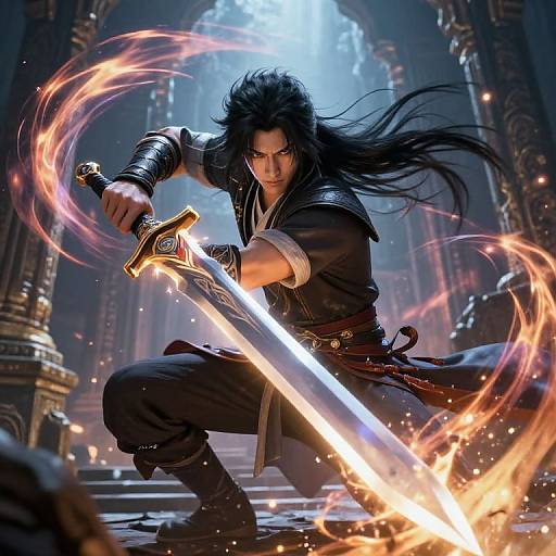 Digital art: Dark-haired warrior with intense gaze, wielding glowing sword, surrounded by fiery energy, in a grand, dimly lit cathedral. Dynamic,