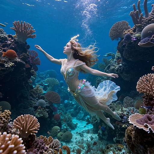Photograph of a mermaid with flowing blonde hair, adorned in a shimmering white dress with jewels, gracefully swimming through a vibrant, underwater coral reef
