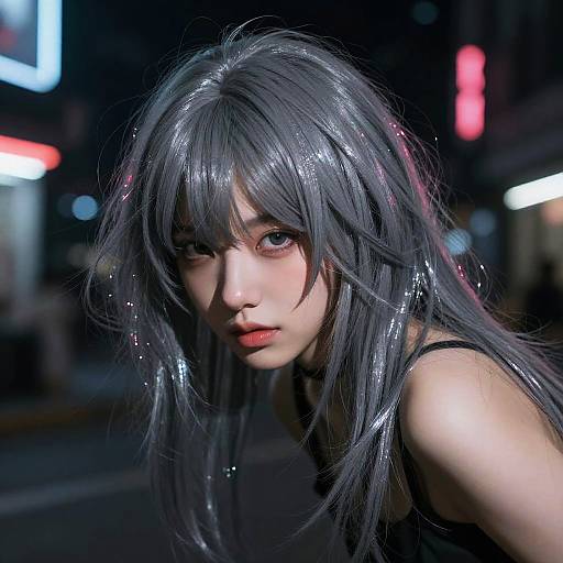 Photorealistic digital portrait of a young woman with long, silver-black hair and red lips, looking intently at the camera in a neon-lit