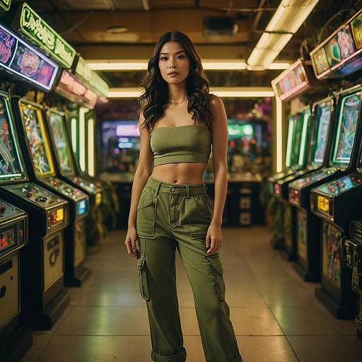Confident Woman in Olive Green Outfit at Neon Arcade