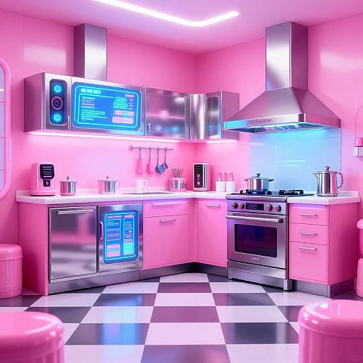 Neon-lit retro kitchen with pink walls, stainless steel appliances, glowing blue screens, black-and-white checkered floor, and futuristic design.