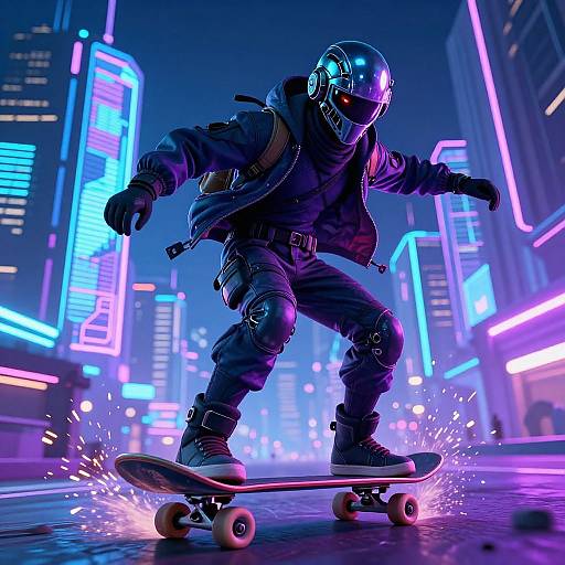 Cyberpunk skater in black gear and helmet, neon-lit cityscape background, dynamic pose, sparks flying from skateboard wheels, vibrant blue and