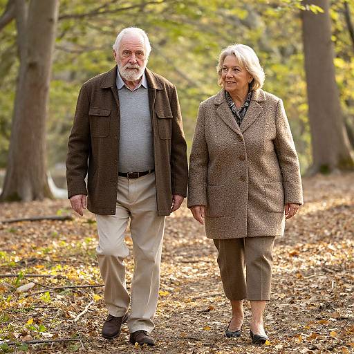 Photograph of an elderly white couple with gray hair, walking hand-in-hand in a sunlit forest, wearing brown jackets and beige pants.