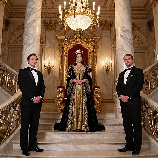 Photograph of a regal woman in a gold and black gown with crown, flanked by two men in black tuxedos, in an