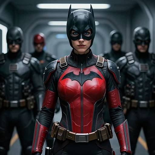 Photograph-style CGI of a fierce female Batman in red and black armor, standing confidently in a dimly lit corridor with four blurred, armored teammates in