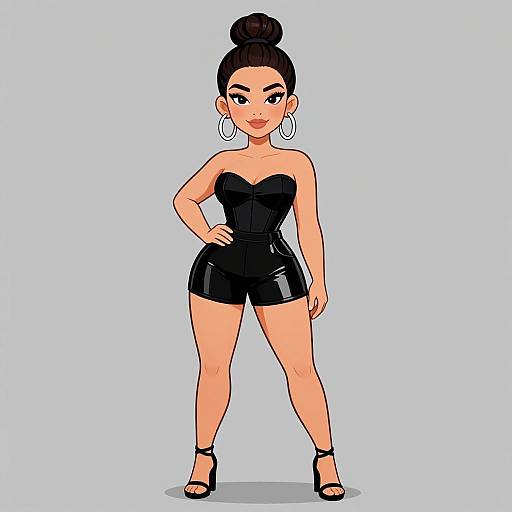 Digital drawing of a confident woman with dark hair in a bun, wearing a strapless black latex jumpsuit and high heels, standing with one hand on