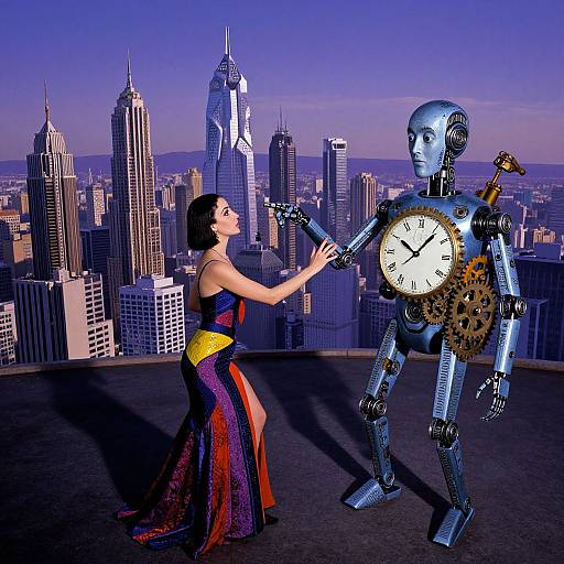 Digital art: A woman in a colorful, strapless dress punches a steampunk robot with a clock face against a city skyline.