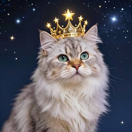 Photograph of a fluffy, long-haired gray and white cat with bright blue eyes, wearing a golden crown with stars, against a starry night sky