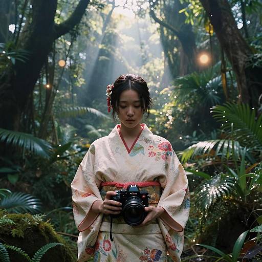 Photograph of an Asian woman in a floral kimono, holding a camera in a lush, sunlit forest with sunlight filtering through trees.