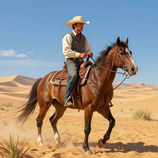 Photograph of a cowboy in a white shirt, gray vest, and cowboy hat, riding a dark brown horse through a sandy desert under a clear blue
