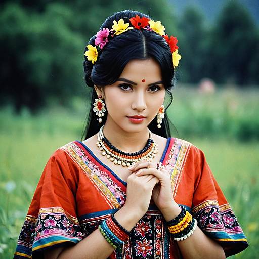 Young Woman in Colorful Traditional Dress with Floral Hair Ornament