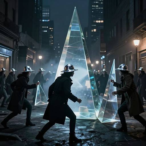 Photograph of silhouetted riot police in helmets and coats, surrounding glowing, transparent, triangular glass structures in a foggy, urban night street