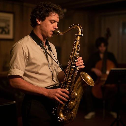 Photograph of a curly-haired man playing a golden saxophone in a dimly lit, wooden-walled music venue, with a blurred guitarist in the