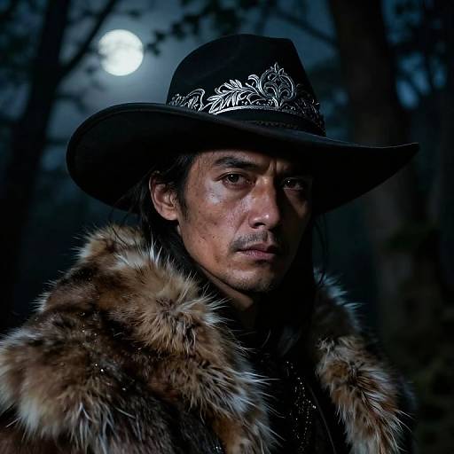 Photograph of a serious-looking man with medium skin tone, wearing a black cowboy hat adorned with silver embroidery and a fur-trimmed coat, standing