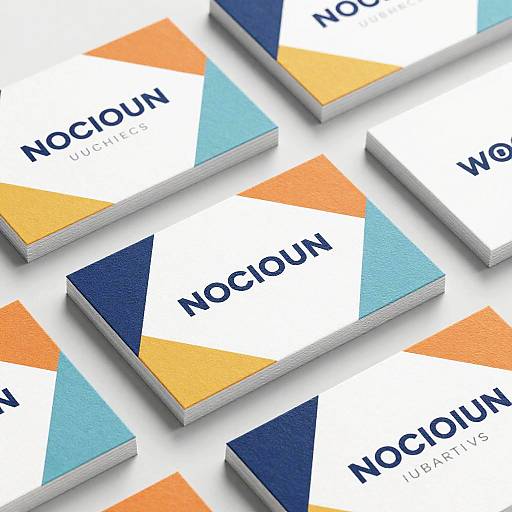 Photograph of stacked, colorful triangular business cards with 