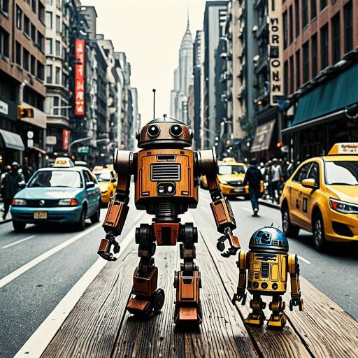 Two Cartoon Robots on City Street
