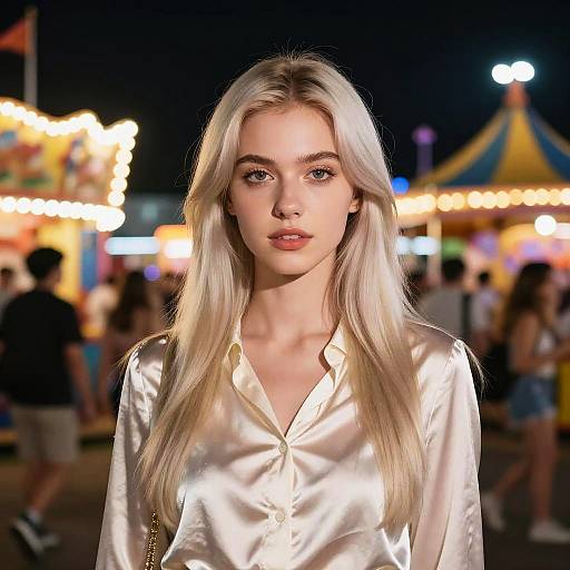 Photograph of a young blonde woman with long, straight hair, wearing a shiny white button-up shirt, standing in a brightly lit, colorful carnival at