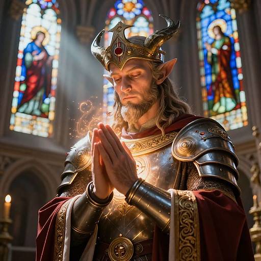 Photograph of a bearded elf king in golden armor and crown, hands in prayer, surrounded by glowing light in a cathedral with vibrant stained glass windows
