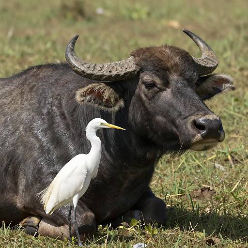 Serene Water Buffalo and Egret Encounter