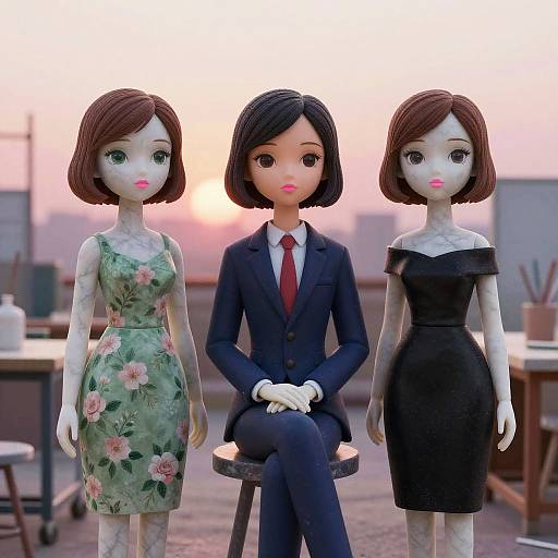 Photograph of three dolls with pale skin, short brown hair, and large eyes. The center doll wears a navy suit and red tie, while the