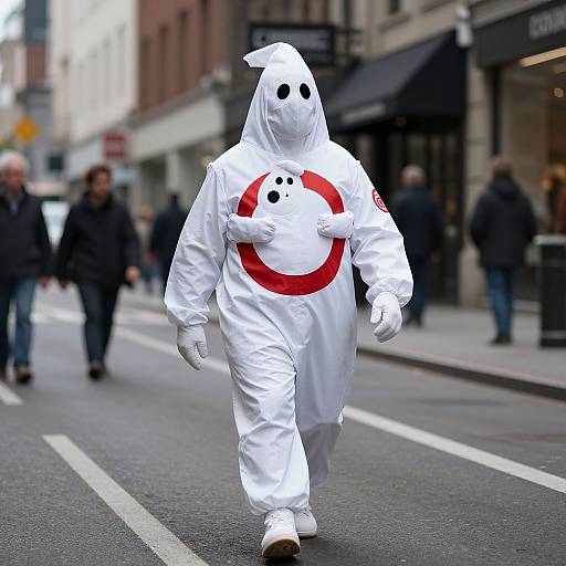 Photograph of a person in a white mascot costume with a red circle and black dots, walking on an urban street. Blurred pedestrians and storefronts