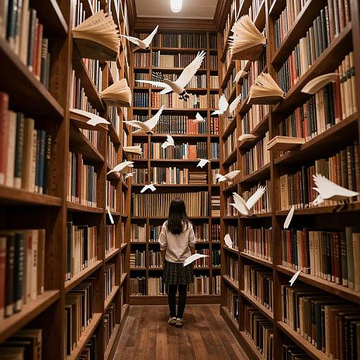 Photograph of a girl in a white shirt and plaid skirt, standing in a narrow library aisle, surrounded by flying white birds and bookshelves