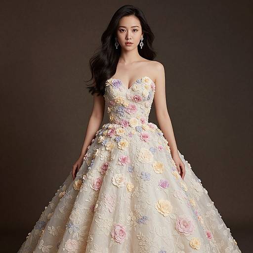Photograph of an Asian woman with long black hair, wearing a strapless, floral-embellished, ivory ball gown, standing against a dark