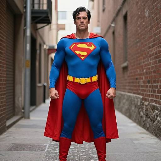 Photograph of a muscular man with dark curly hair in a Superman costume, standing confidently in a narrow urban alleyway.