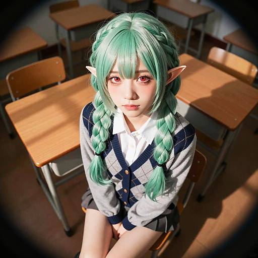 Digital art of a green-haired, elf-eared girl with pink eyes, wearing a checkered school uniform, seated in a sunlit classroom.