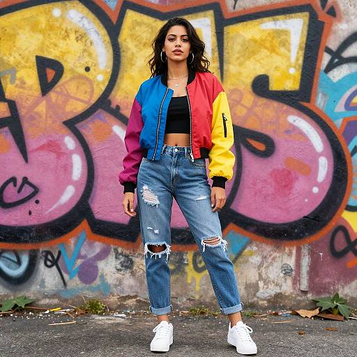 Photograph of a confident woman with wavy black hair, wearing a colorful bomber jacket, black crop top, ripped jeans, and white sneakers, standing