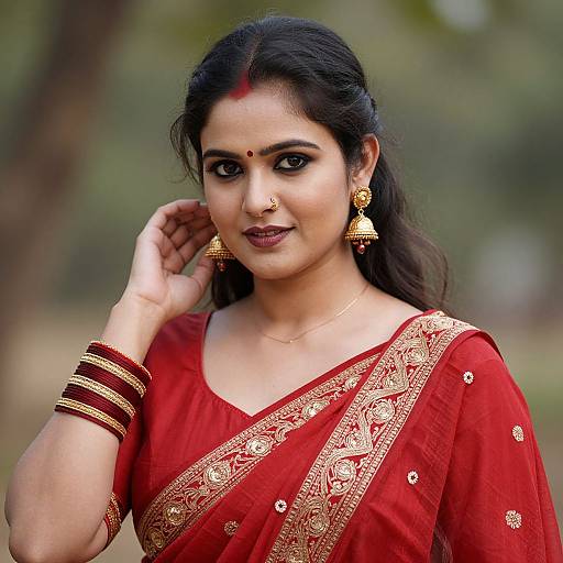 Photograph of a beautiful Indian woman with dark hair, wearing a red saree with gold embroidery, gold jewelry, and a red bindi, smiling