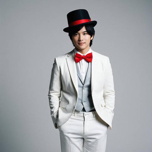 Young Man in White Suit with Red Bowtie and Black Hat