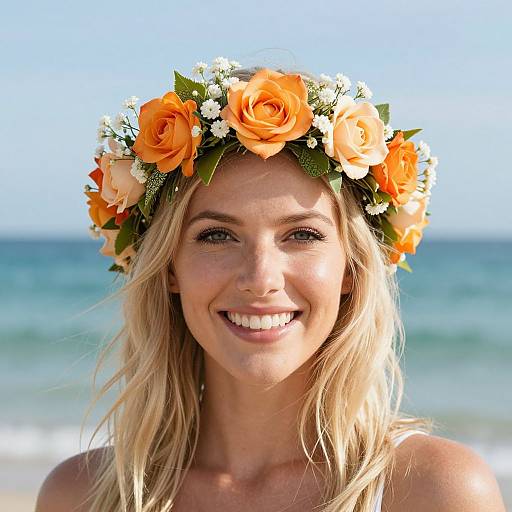 Photograph of a smiling blonde woman with a floral crown of orange roses, white daisies, and green leaves, standing on a sunny beach with