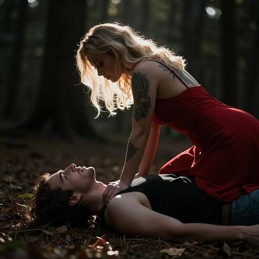 Romantic Couple in Forest at Sunset