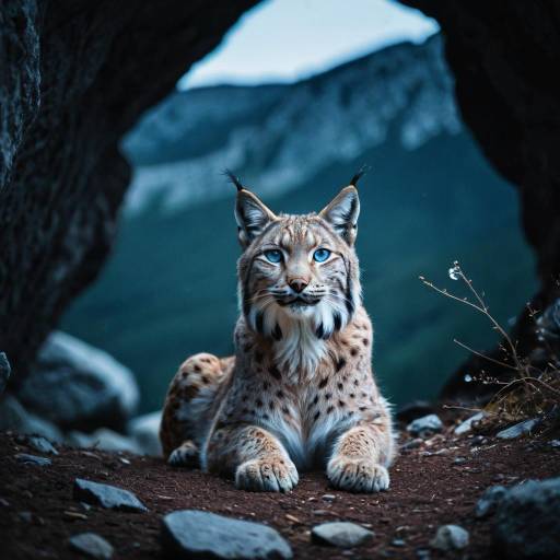 Lynx with Blue Eyes at Cave Entrance