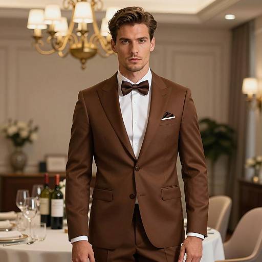 Man in Brown Suit Standing in Elegant Dining Room