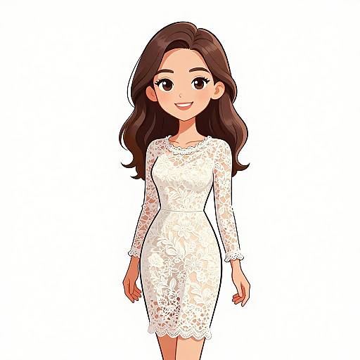 Digital cartoon of a smiling young woman with long brown hair, wearing a white lace long-sleeve dress, standing against a white background.