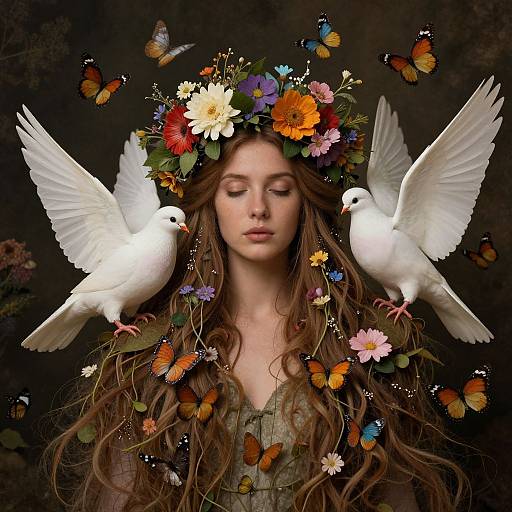 Photograph of a serene, long-haired woman with a vibrant flower crown, surrounded by white doves and colorful butterflies, against a dark background.