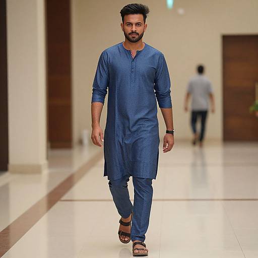 Photograph of a bearded man with dark hair in a blue traditional Pakistani kurta and pants, walking down a brightly lit, tiled hallway with another