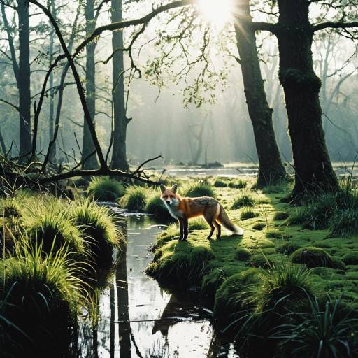 Fox in Misty Oak Forest Marsh