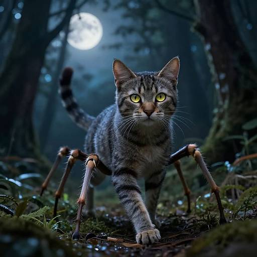 Photorealistic CGI of a tabby cat with glowing yellow eyes and spider-like legs prowling in a dark, moonlit forest.
