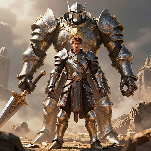 Photorealistic CGI of a muscular man in ornate, silver medieval armor, holding a large sword, standing amidst a dusty, sunlit battlefield with