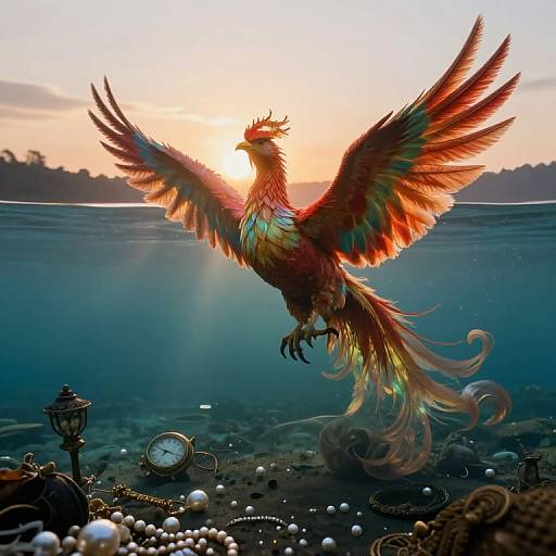 Digital art of a vibrant, rainbow-feathered phoenix with outstretched wings soaring above a sunlit ocean, surrounded by antique clocks, pearls,