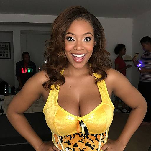 Photograph of a smiling Black woman with curly brown hair, wearing a yellow tank top with leopard print, in a dimly lit room, with two