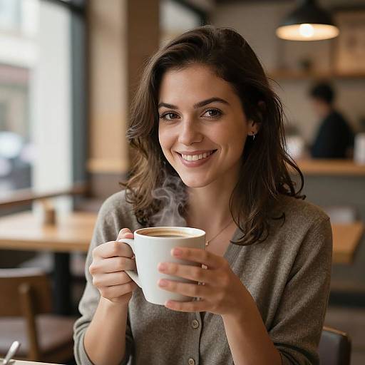 Photograph of a smiling brunette woman with wavy hair, wearing a gray cardigan, holding a steaming white mug in a cozy, warmly-l