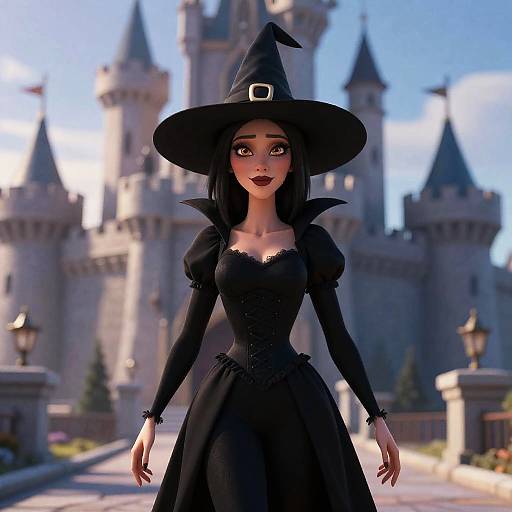Digital art of a fair-skinned, black-haired witch in a black dress and hat, standing before a castle with blue sky.